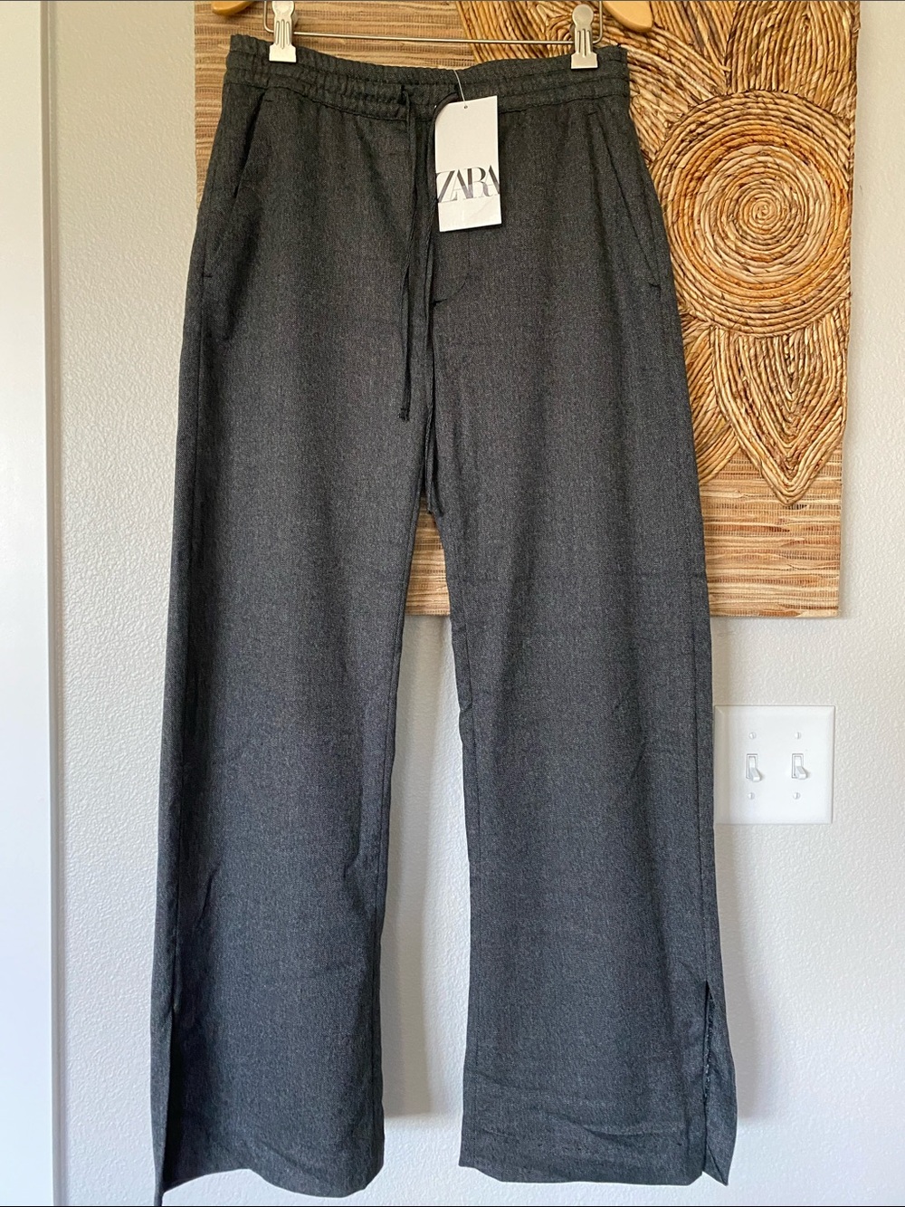 Zara Soft Drawstring Wide Leg Split Hem Herringbone Tweed Bloggers Fave XS